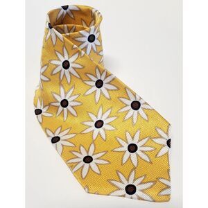 VTG FN Fashion Neckwear Necktie Yello/Blak/Ivory/Brown Daisy Print Wide Silk Tie